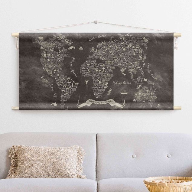 Wandbehang groß Kreide Typografie Weltkarte