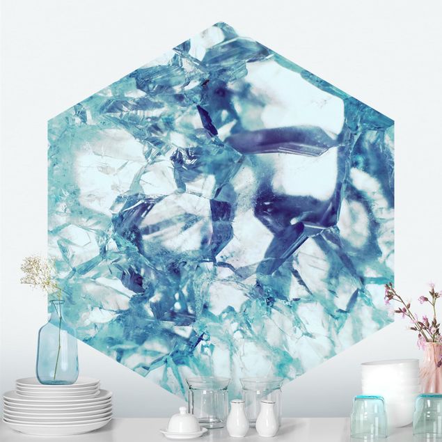 Hexagon Fototapete selbstklebend - Kristall Blau