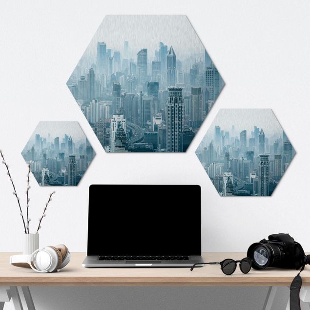 Hexagon Bild Alu-Dibond - Kühles Shanghai
