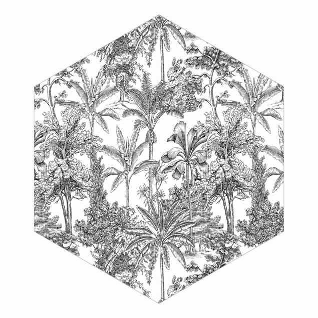 Hexagon Mustertapete selbstklebend - Kupferstichanmutung - Tropische Palmen