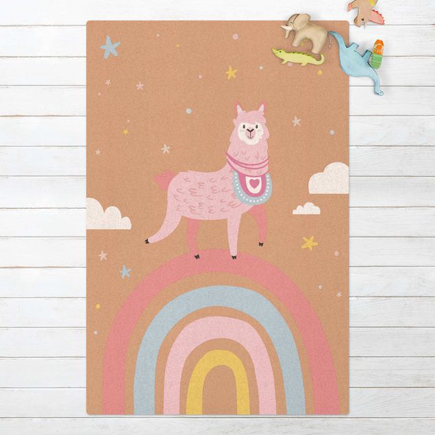 Teppich Tiere Lama auf Regenbogen mit Sternen und Pünktchen
