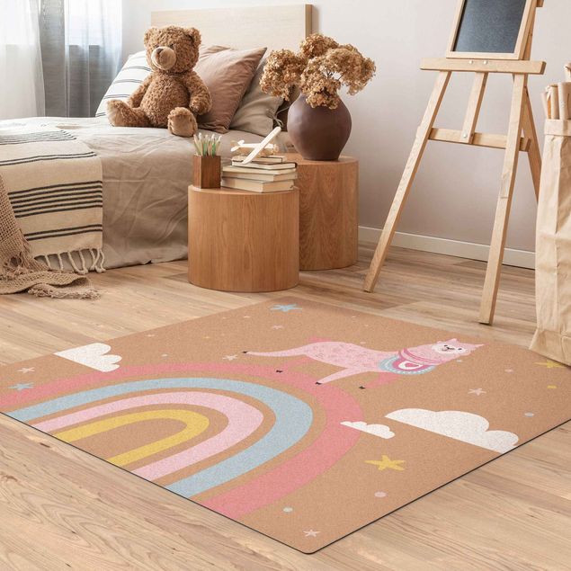 Teppich Kinderzimmer Lama auf Regenbogen mit Sternen und Pünktchen