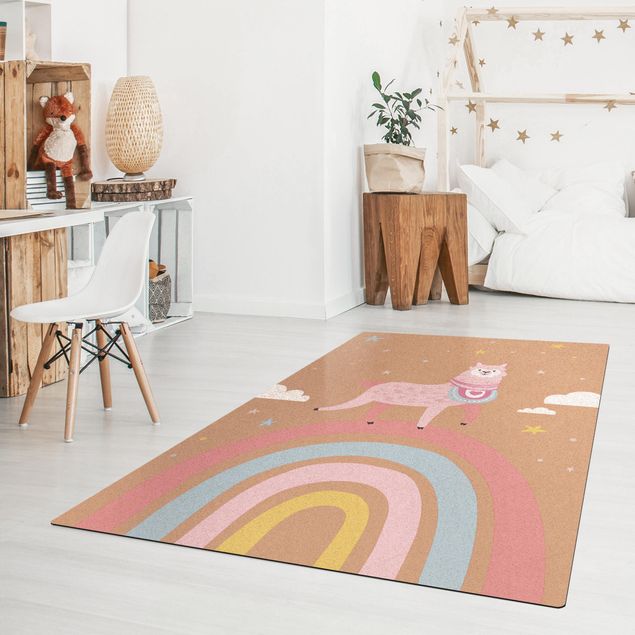 Teppich modern Lama auf Regenbogen mit Sternen und Pünktchen