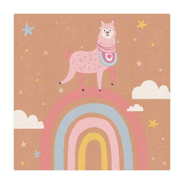 Teppiche groß Lama auf Regenbogen mit Sternen und Pünktchen