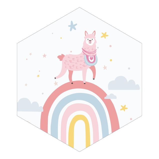 Hexagon Mustertapete selbstklebend - Lama auf Regenbogen mit Sternen und Pünktchen