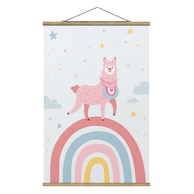 Stoffbild mit Posterleisten - Lama auf Regenbogen mit Sternen und Pünktchen - Hochformat 2:3