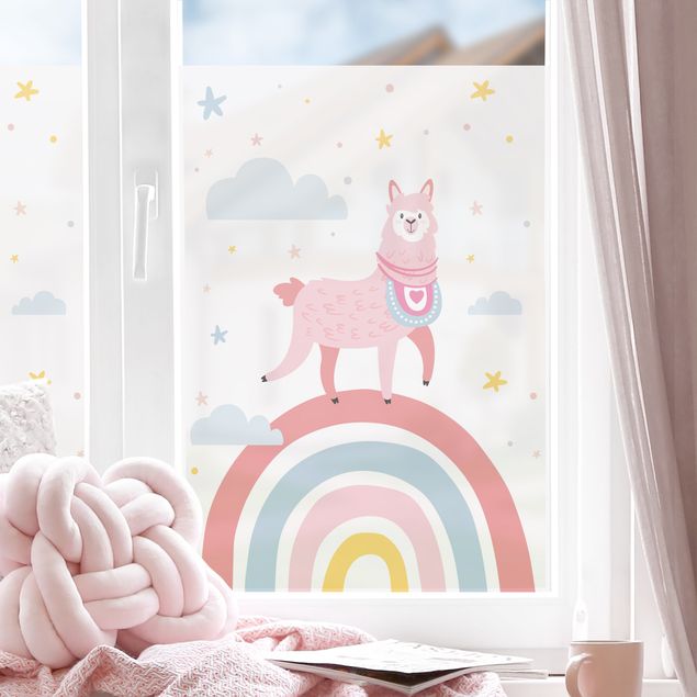 Fensterfolie bunt Lama auf Regenbogen mit Sternen und Pünktchen