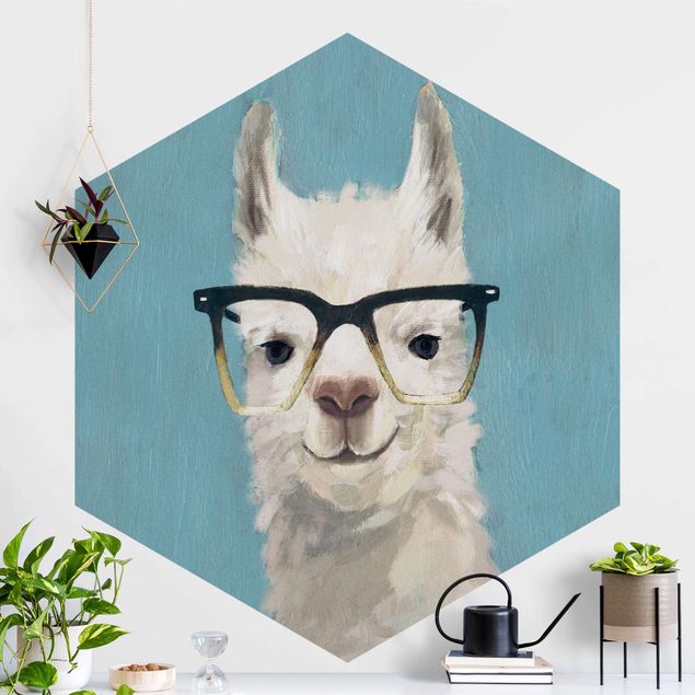 Hexagon Mustertapete selbstklebend - Lama mit Brille IV