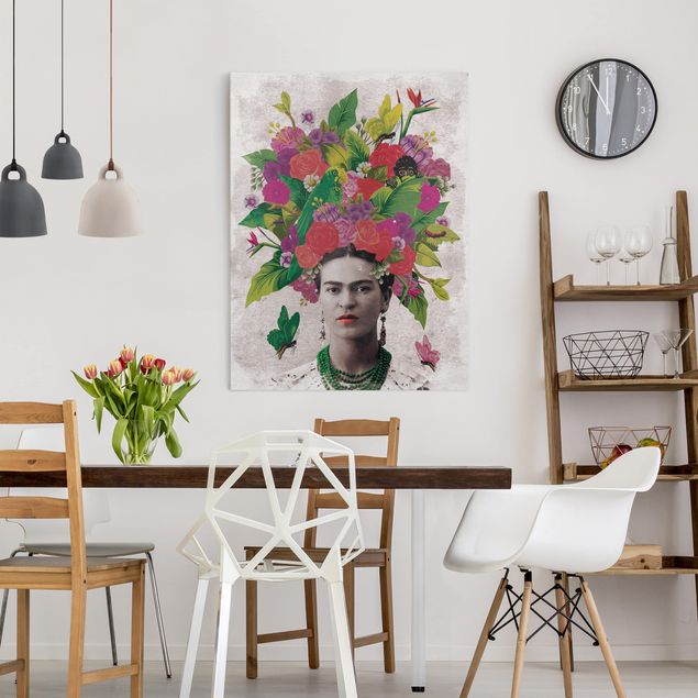 Leinwandbild - Frida Kahlo - Blumenportrait - Hochformat 3:4