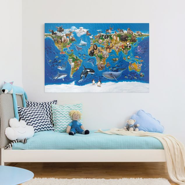 Leinwandbild Kinderzimmer - Weltkarte mit Tieren - Querformat 3:2