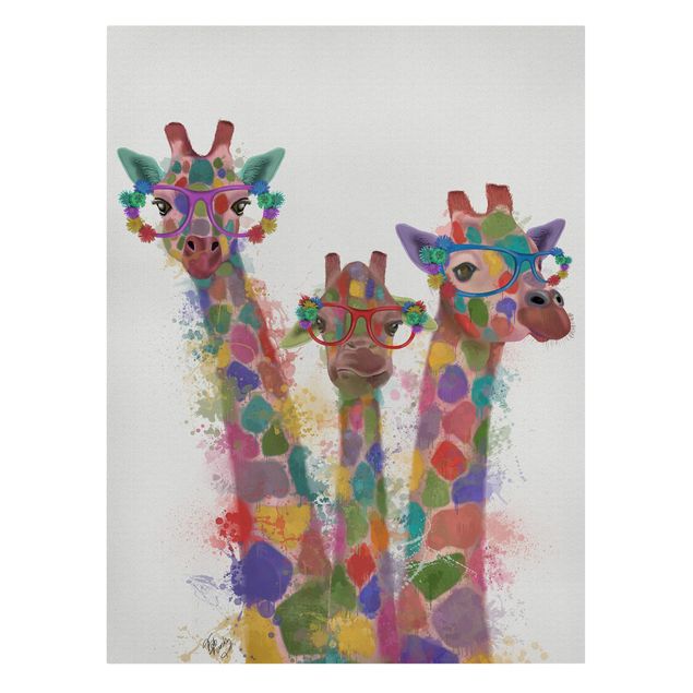Leinwandbild - Regenbogen Splash Giraffen-Trio - Hochformat 4:3