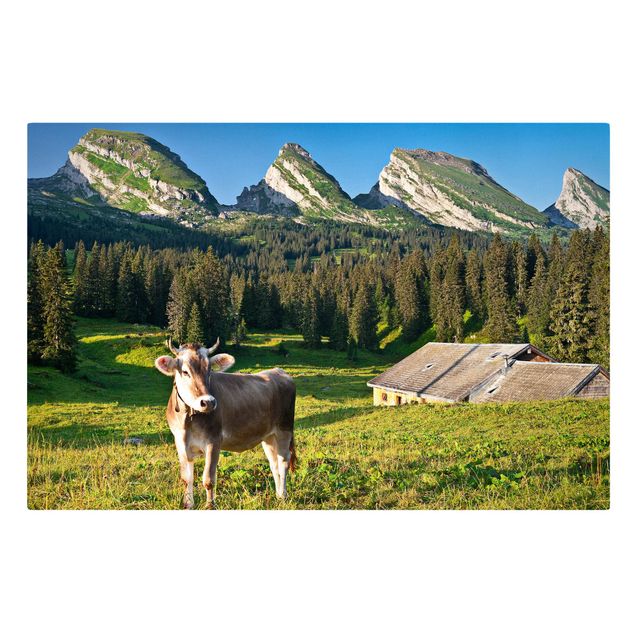 Leinwandbild - Schweizer Almwiese mit Kuh - Quer 3:2
