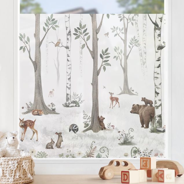 Fensterbilder Tiere Leiser weißer Wald mit Tieren