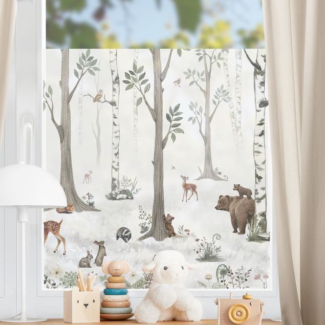 Fensterfolie bunt Leiser weißer Wald mit Tieren