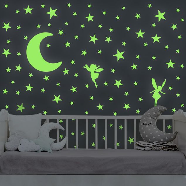 leuchtende Wandsticker Leucht-Wandtattoo-Set Mond mit Elfen