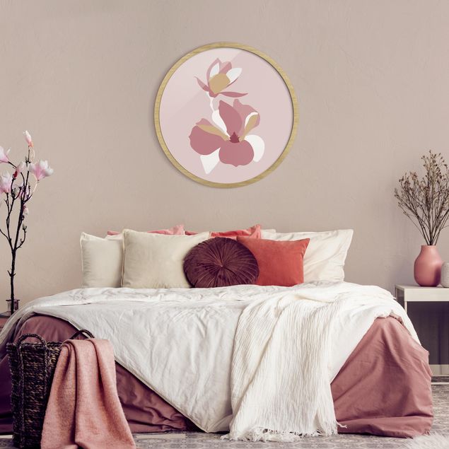 Runde Bilder mit Rahmen Line Art Blüten Pastell Rosa