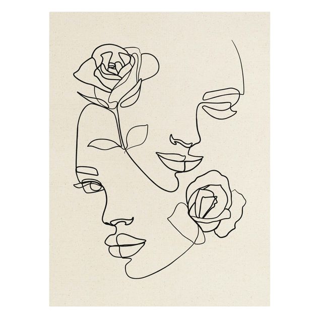 Leinwand Blumen Line Art Gesichter Frauen Rosen Schwarz Weiß