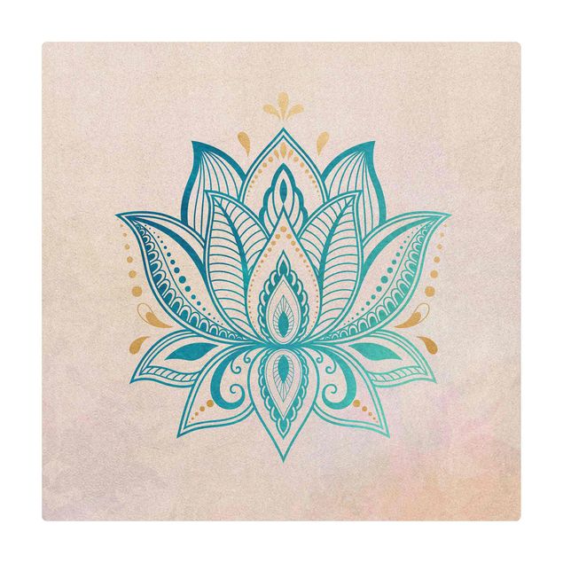 Kork-Teppich - Lotus Illustration Mandala gold blau - Quadrat 1:1
