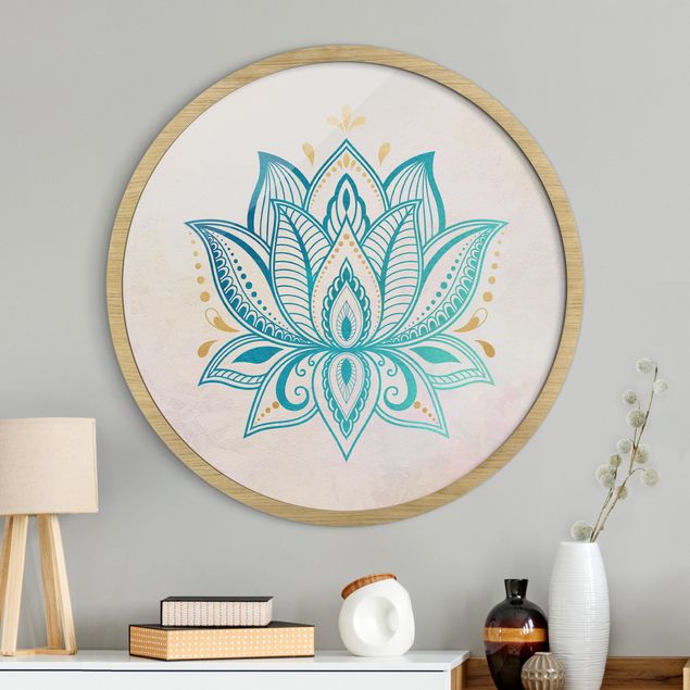 Runde Wandbilder Lotus Illustration Mandala gold blau