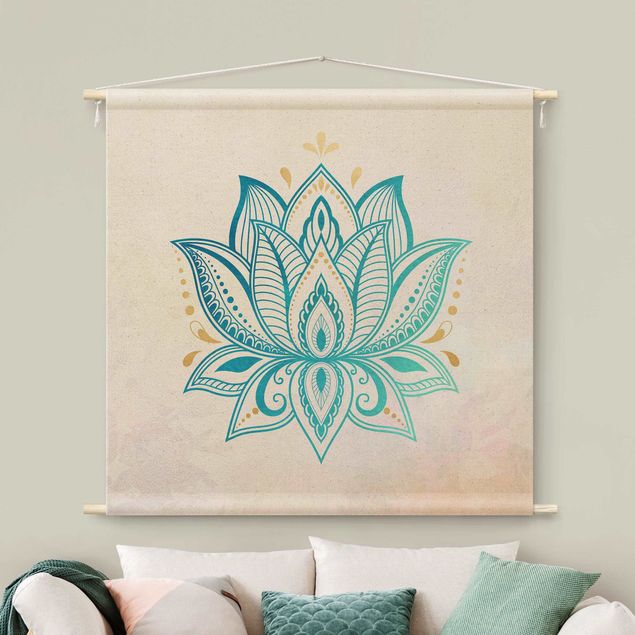 Wandbehang Stoff Lotus Illustration Mandala gold blau