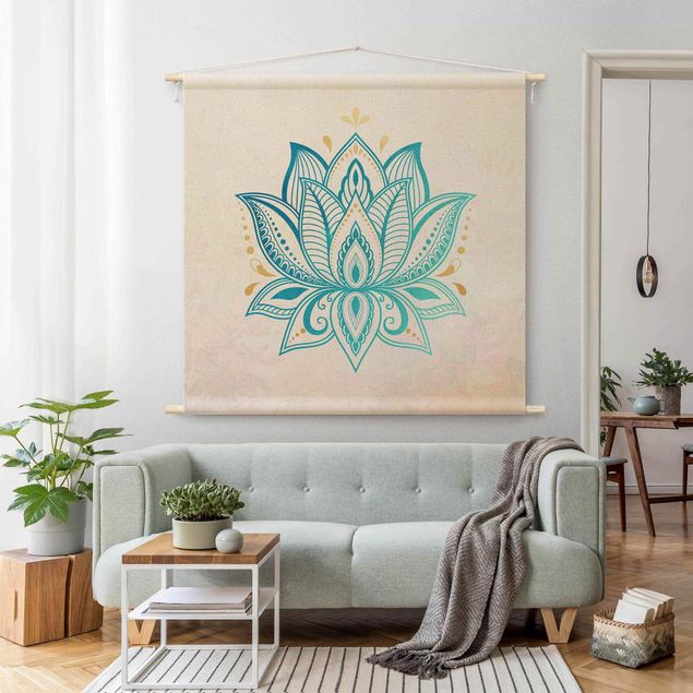 Wandtuch Lotus Illustration Mandala gold blau