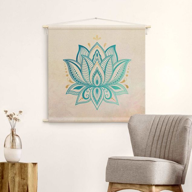 Wandbehang modern Lotus Illustration Mandala gold blau