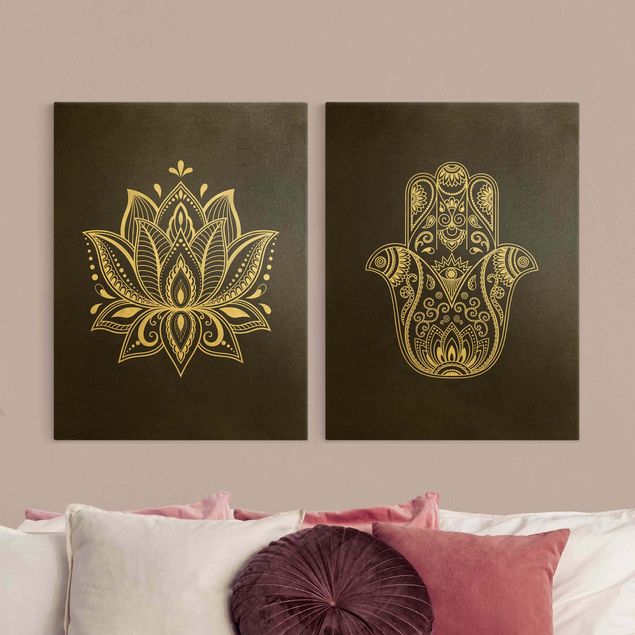 Wandbilder Lotus Illustration und Hamsa Hand Set