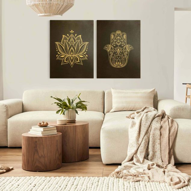 Leinwandbild 2-teilig - Lotus Illustration und Hamsa Hand Set