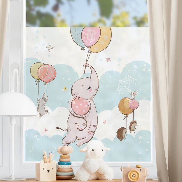 Fensterfolie bunt Luftballon Wolken Tiere - Elefant