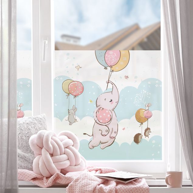 Fensterfolie - Sichtschutz - Luftballon Wolken Tiere - Elefant -  Fensterbilder