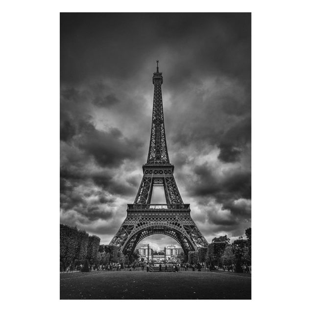 Magnettafel - Eiffelturm vor Wolken schwarz-weiß - Memoboard Hochformat 3:2