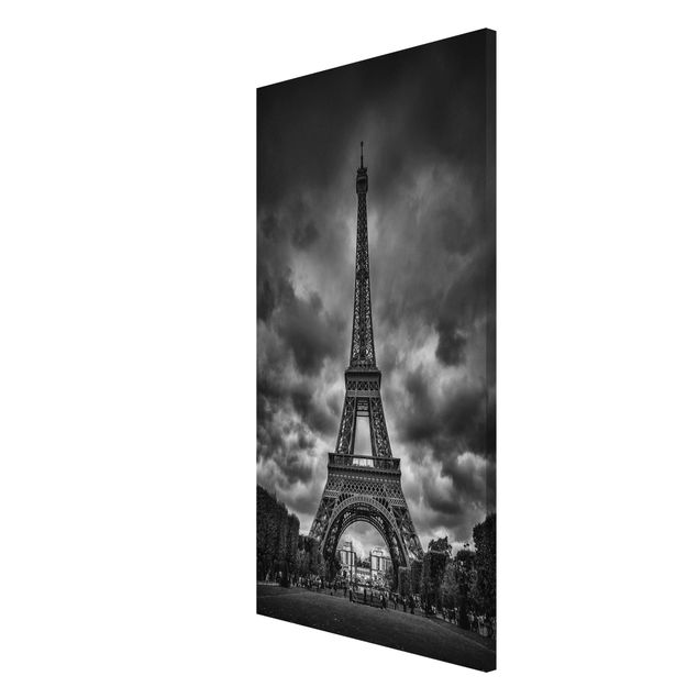 Magnettafel - Eiffelturm vor Wolken schwarz-weiß - Memoboard Hochformat 4:3