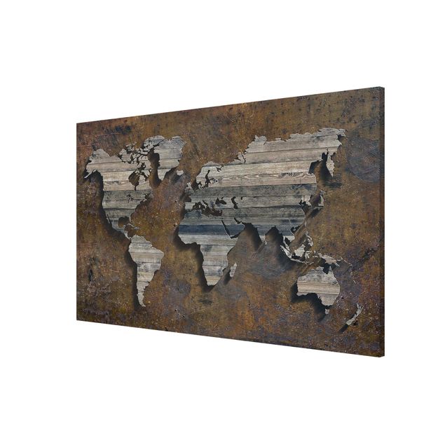 Magnettafel - Holz Rost Weltkarte - Memoboard Querformat