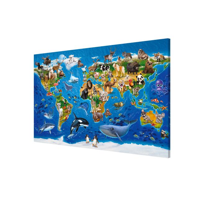 Magnettafel Kinderzimmer - Weltkarte mit Tieren - Memoboard Querformat