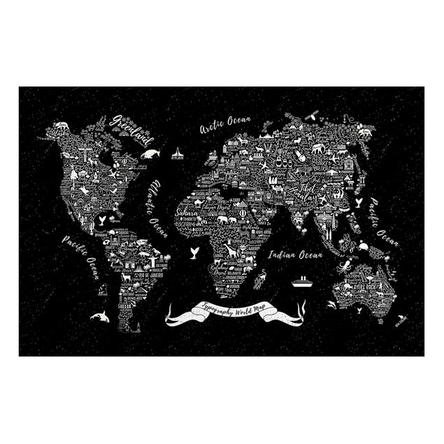 Magnettafel - Typografie Weltkarte schwarz - Memoboard Querformat