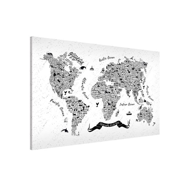 Magnettafel - Typografie Weltkarte weiß - Memoboard Querformat