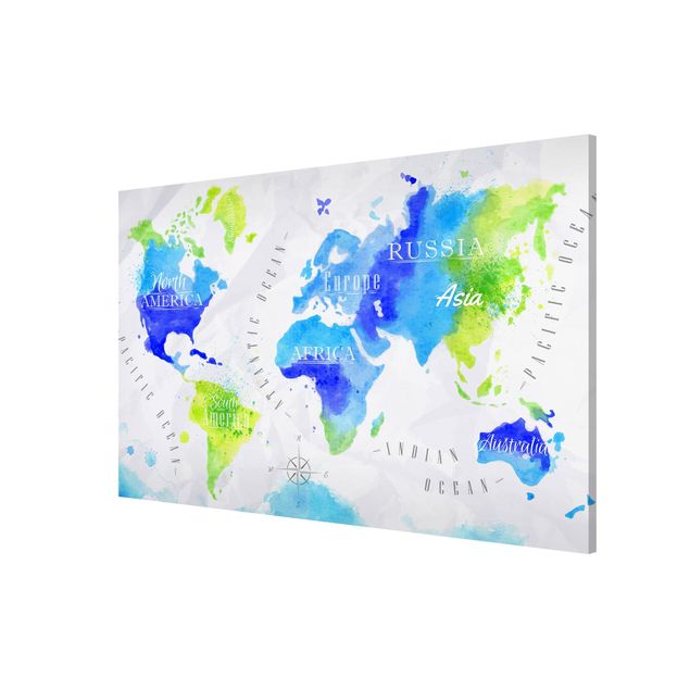 Magnettafel Design Weltkarte Aquarell blau grün
