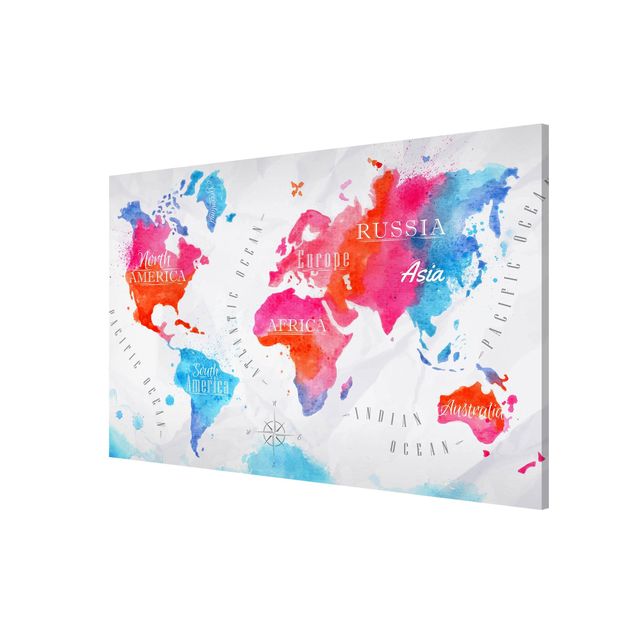 Magnettafel mit Motiv Weltkarte Aquarell rot blau
