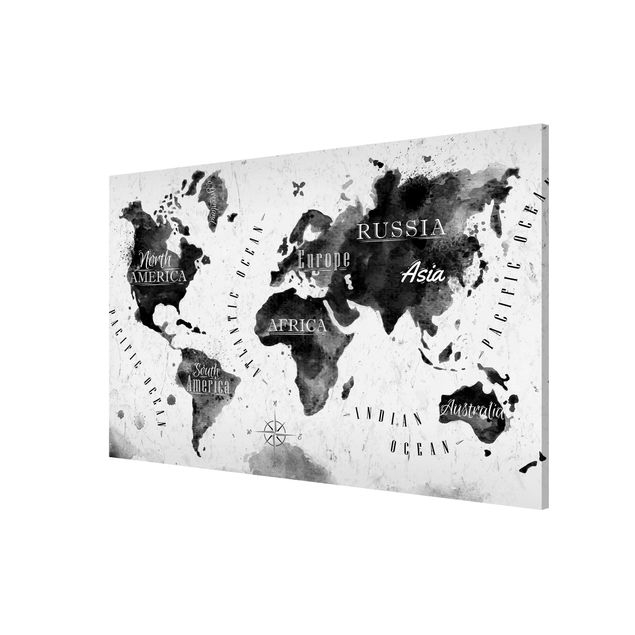 Magnettafel mit Motiv Weltkarte Aquarell schwarz