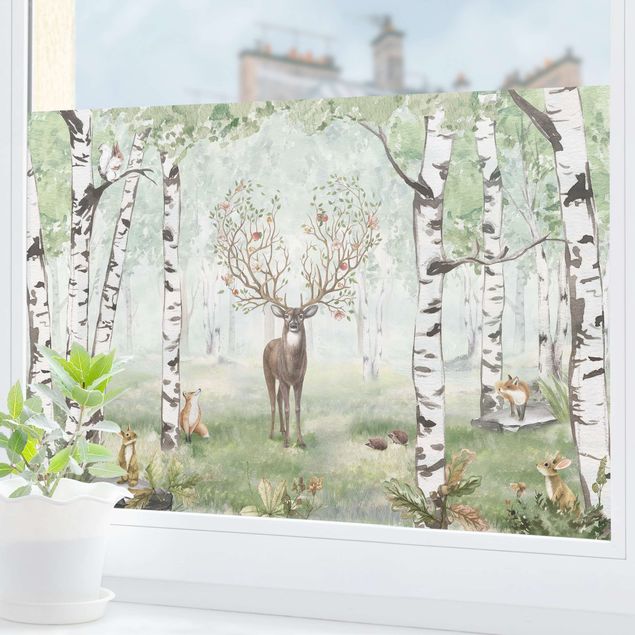 Tier Fensterbilder Majestätischer Hirsch im Birkenwald