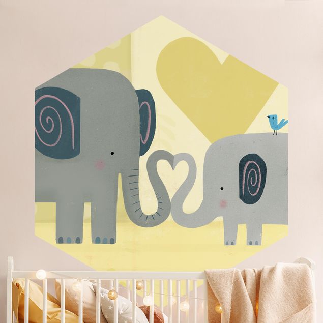 Hexagon Mustertapete selbstklebend - Mama und ich - Elefanten