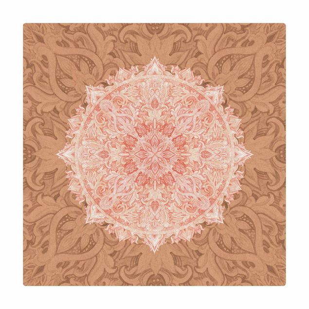 Kork-Teppich - Mandala Aquarell Ornament beige orange - Quadrat 1:1