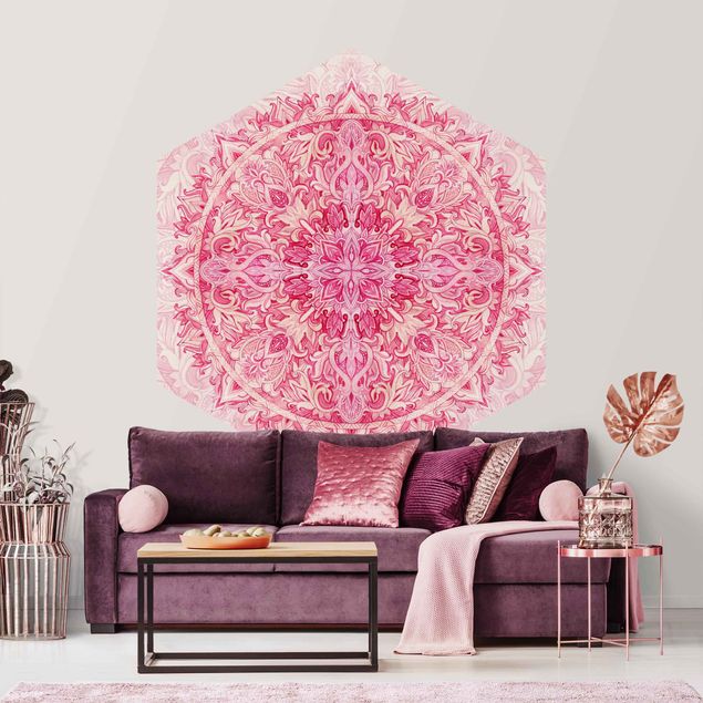 Orientalische Tapete Mandala Aquarell Ornament Muster pink