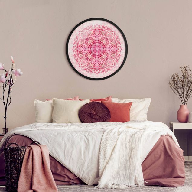 Rundes Gerahmtes Bild - Mandala Aquarell Ornament Muster pink