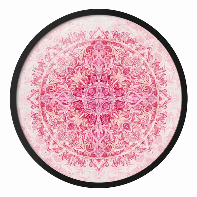 Rundes Gerahmtes Bild - Mandala Aquarell Ornament Muster pink