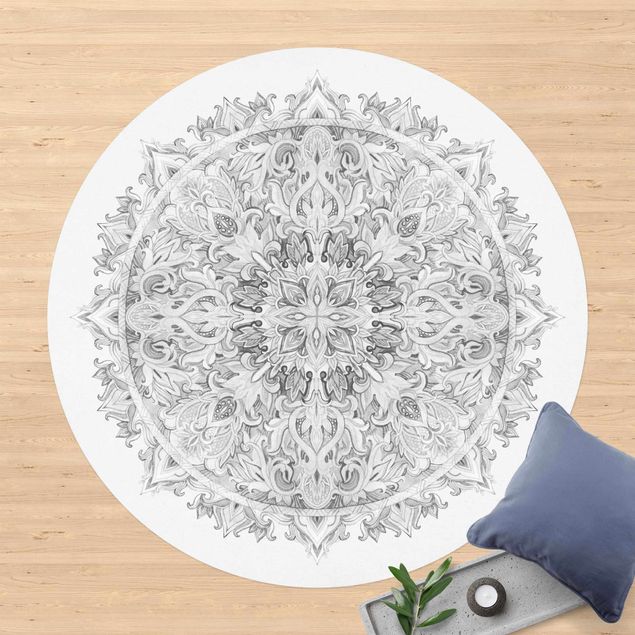 Moderner Teppich Mandala Aquarell Ornament schwarz weiß