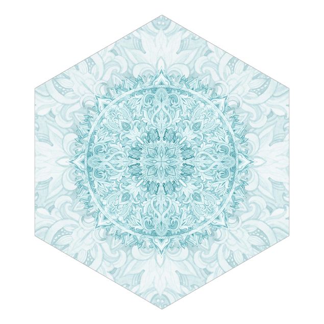 Hexagon Mustertapete selbstklebend - Mandala Aquarell Ornament türkis