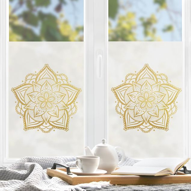 Fensterbilder selbstklebend Mandala Blüte Illustration weiß gold
