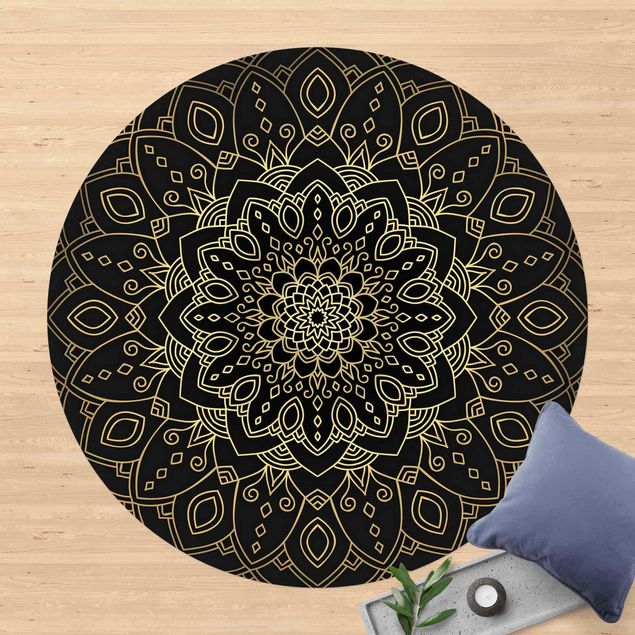 Teppich modern Mandala Blüte Muster gold schwarz