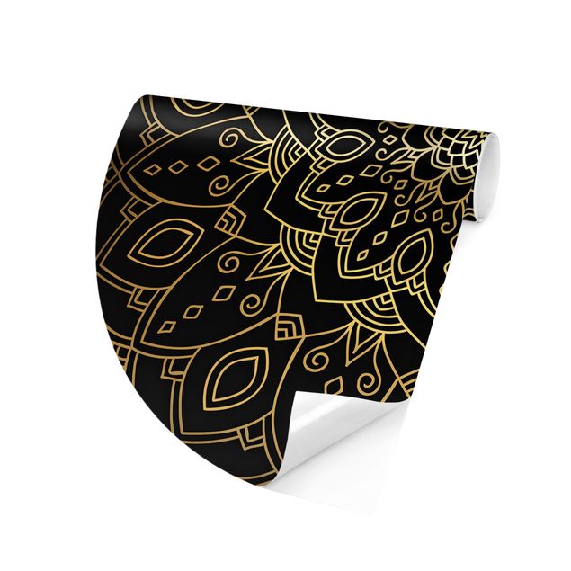 Runde Tapete selbstklebend - Mandala Blüte Muster gold schwarz